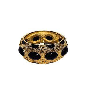 Gold Tone, Black Cabochon And Enamel Hinged Clamper Bangle Bracelet (6222)